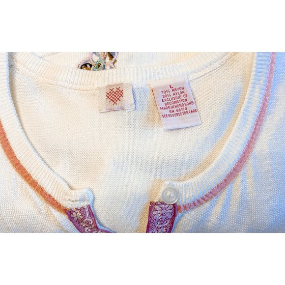 Vintage Beaded Crew Neck Button-Up Floral Long Sleeve Light Weight Cardigan - Picture 9 of 11